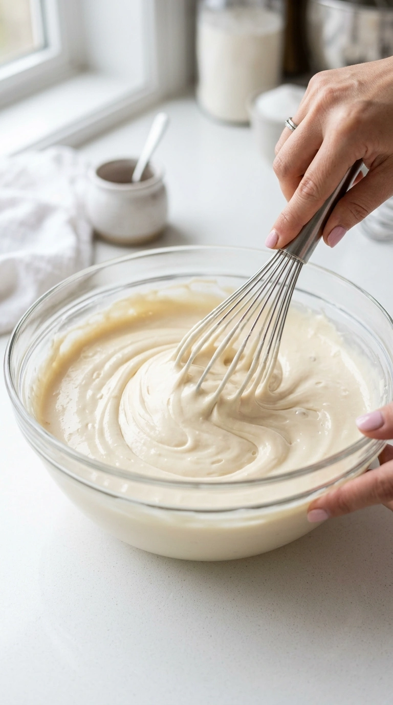 Cremige Frischkäsefüllung für New York Cheesecake wird glatt gerührt