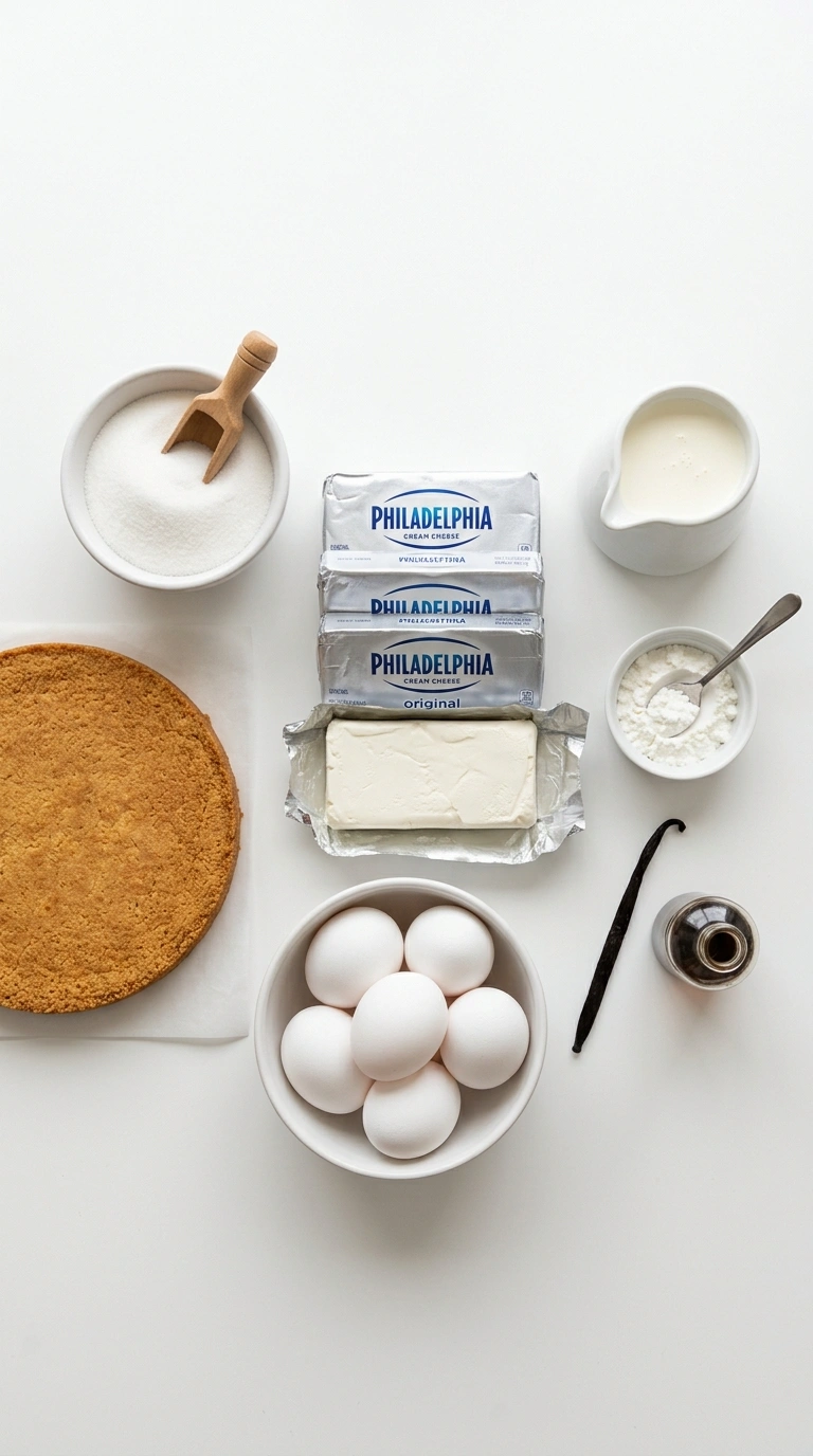 Zutaten für New York Cheesecake Original Rezept: Frischkäse, Eier, Sahne, Zucker und Speisestärke