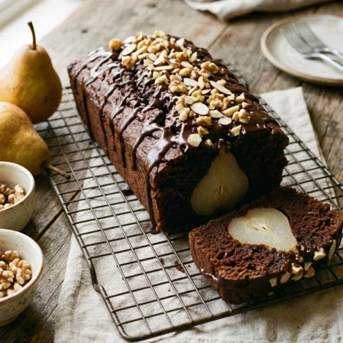 Veganer Schoko-Birnenkuchen mit Schokoladenglasur und ganzen Birnen im Anschnitt