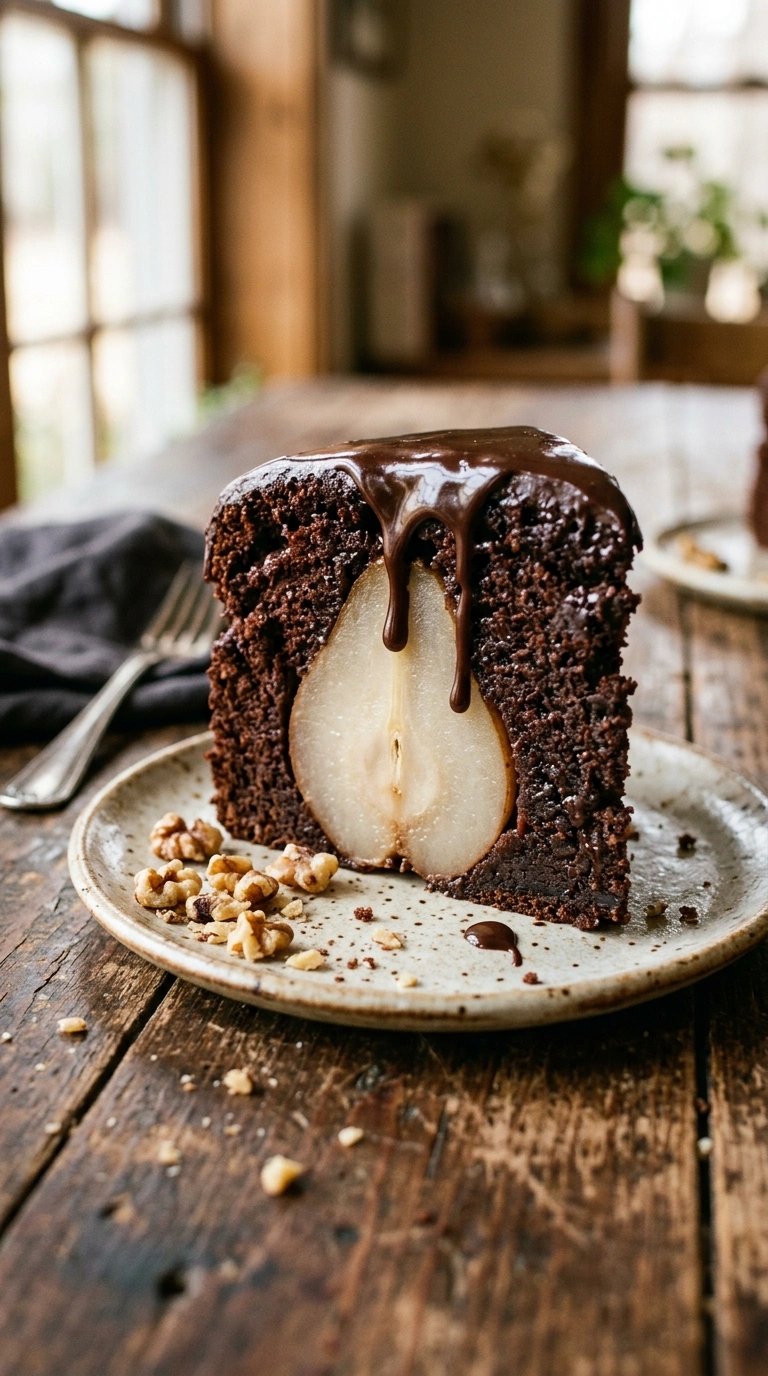 Angeschnittenes Stück veganer Schoko-Birnenkuchen zeigt saftige Krume mit Birnenstück