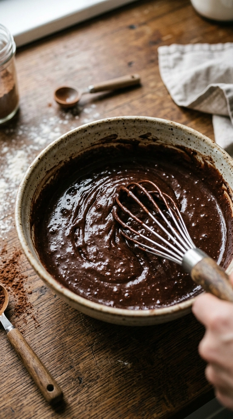 Dunkler Schokoladenteig für den veganen Birnenkuchen wird glattgerührt
