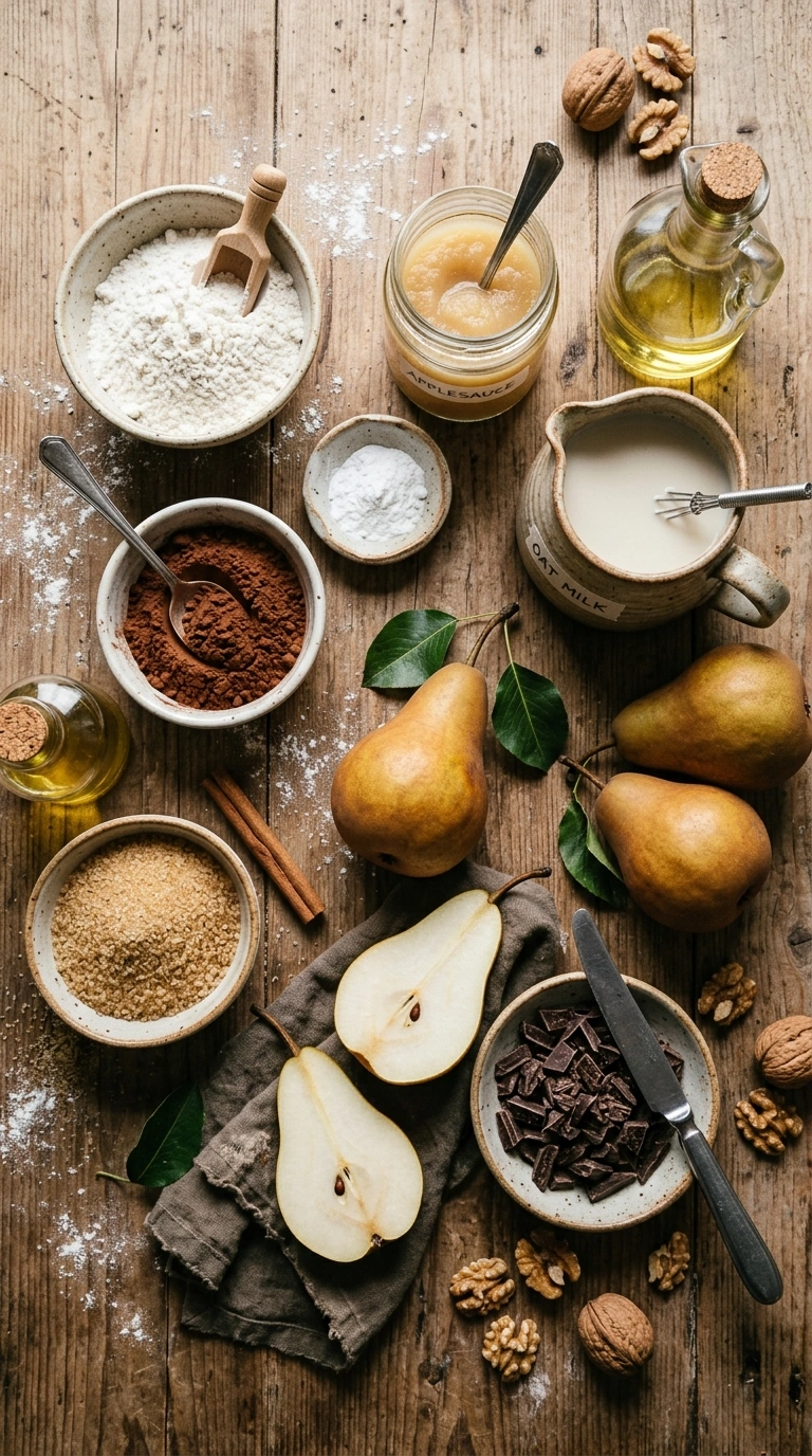 Zutaten für veganen Schoko-Birnenkuchen: Mehl, Kakao, Apfelmus, Pflanzenmilch und frische Birnen