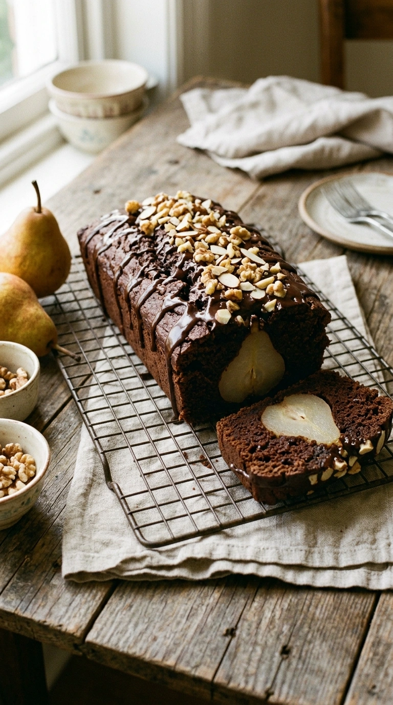 Veganer Schoko-Birnenkuchen mit Schokoladenglasur und ganzen Birnen im Anschnitt
