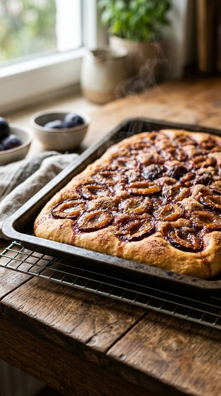 Angeschnittenes Stück Zwetschgenkuchen mit Hefeteig zeigt lockere, saftige Krume