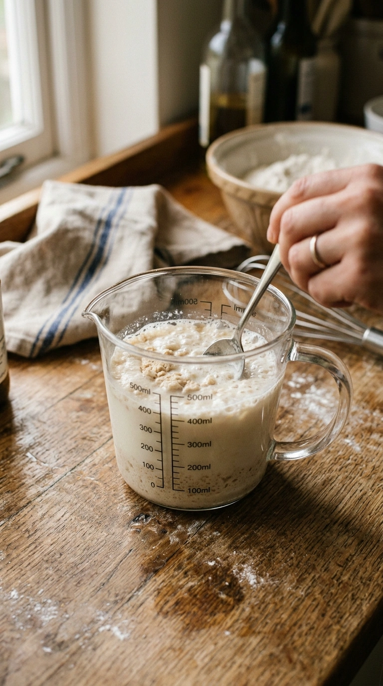 Frische Hefe wird mit lauwarmer Milch und Zucker zum Vorteig angerührt
Titel: Hefe für den Zwetschgenkuchen aktivieren