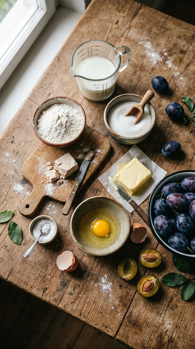 Zutaten für Zwetschgenkuchen mit Hefeteig: Mehl, Hefe, Milch, Zucker, Butter und frische Zwetschgen