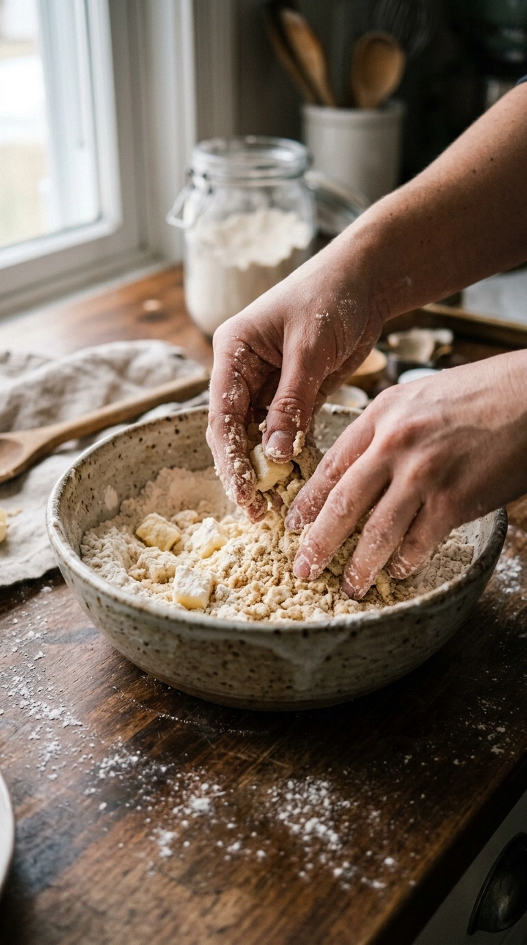 Kalte Butter wird für den Mürbteig mit den Fingerspitzen ins Mehl eingearbeitet