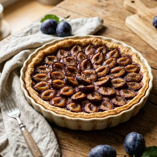 Zwetschgenkuchen mit Mürbteig in einer Tarteform mit knusprigem, goldbraunem Rand