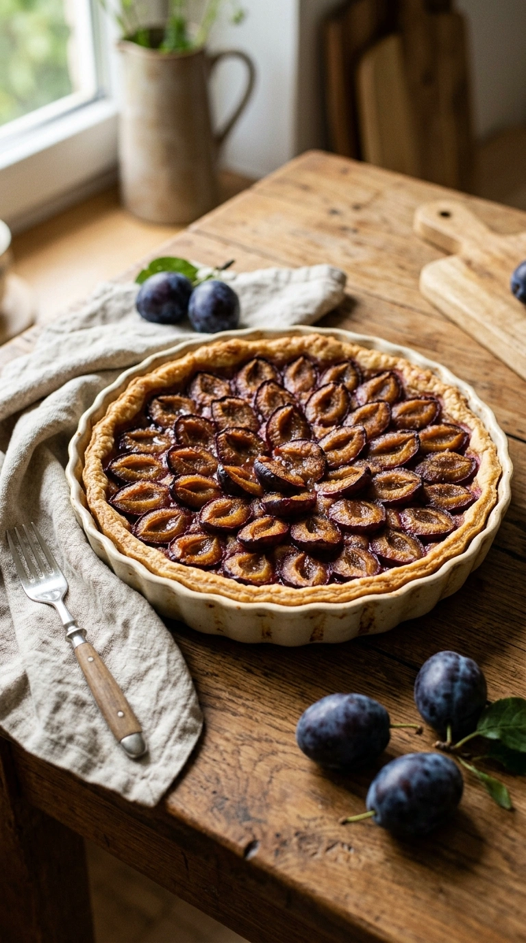 Zwetschgenkuchen mit Mürbteig in einer Tarteform mit knusprigem, goldbraunem Rand