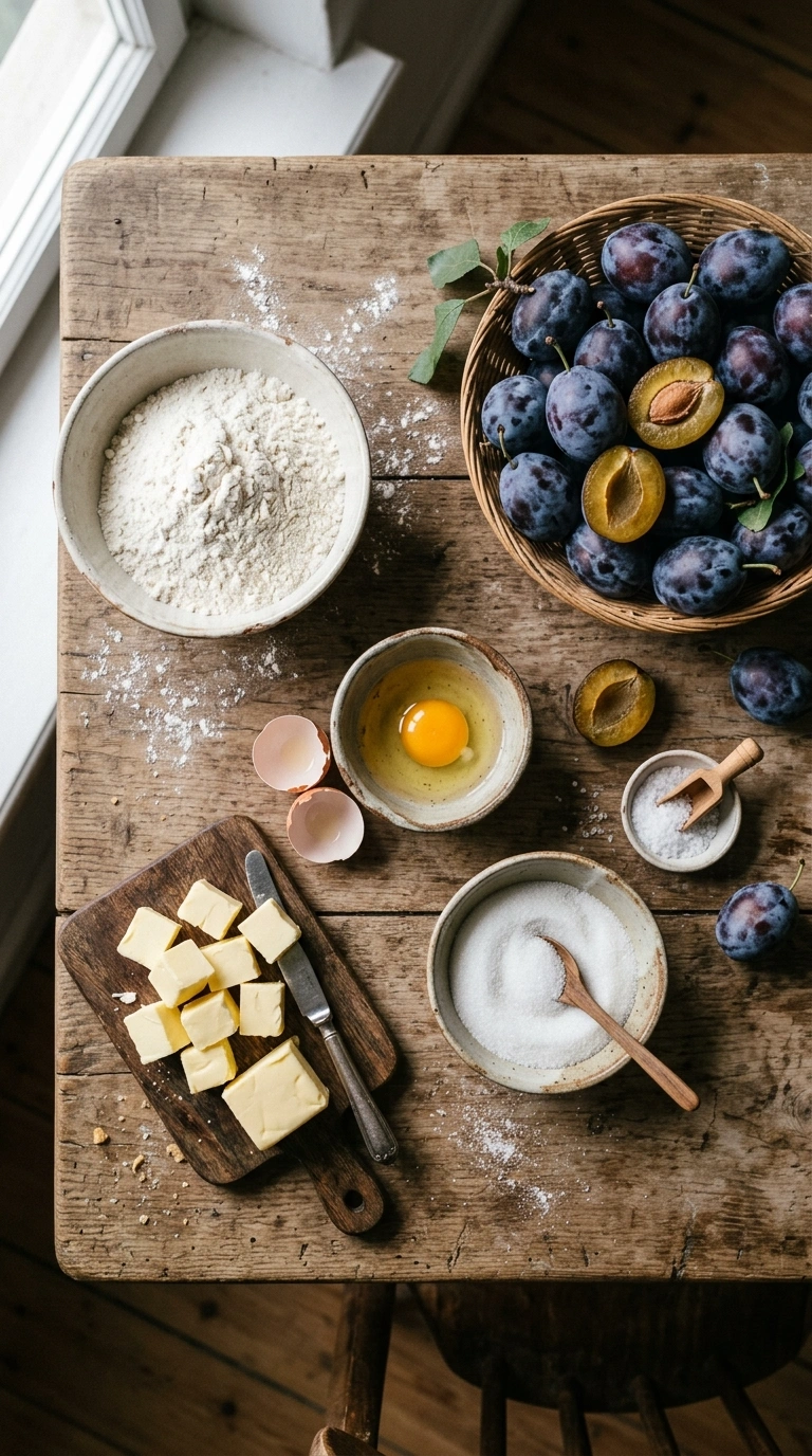 Zutaten für Zwetschgenkuchen mit Mürbteig: Mehl, kalte Butter, Zucker, Ei und frische Zwetschgen