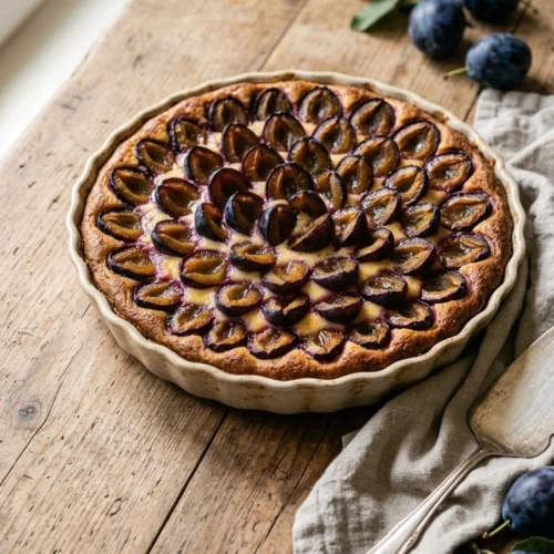 Zwetschgenkuchen mit Pudding in einer Springform mit cremiger Vanilleschicht unter den Zwetschgen