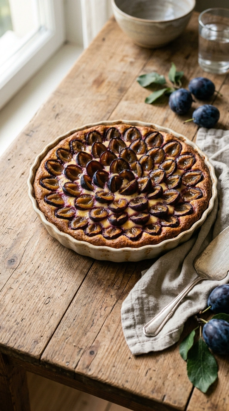 Zwetschgenkuchen mit Pudding in einer Springform mit cremiger Vanilleschicht unter den Zwetschgen
