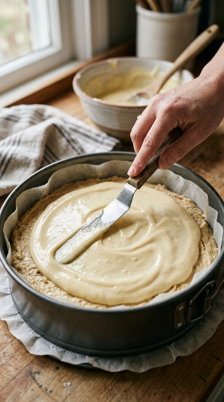 Warmer Vanillepudding wird gleichmäßig auf dem Kuchenteig verstrichen
Titel: Puddingschicht auf den Teig auftragen