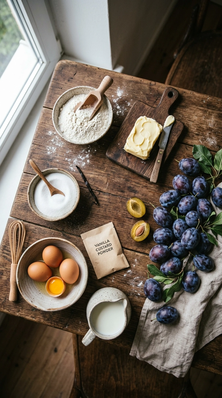 Zutaten für Zwetschgenkuchen mit Pudding: Mehl, Butter, Zucker, Eier, Vanillepuddingpulver, Milch und frische Zwetschgen