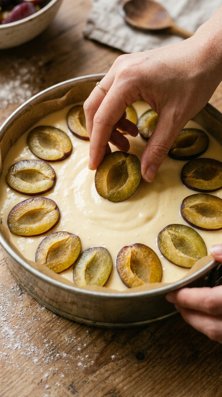 Halbierte Zwetschgen werden in die Puddingschicht auf dem Kuchenteig gelegt
Titel: Zwetschgen auf die Puddingschicht legen