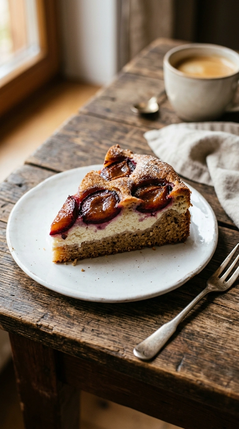 Angeschnittenes Stück Zwetschgenkuchen mit Quark zeigt helle, cremige Quarkschicht im Querschnitt