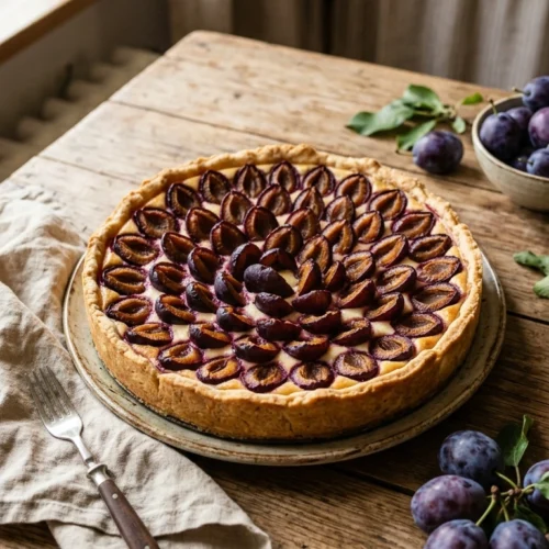 Zwetschgenkuchen mit Quark in einer Springform mit heller, cremiger Quarkschicht unter den Zwetschgen