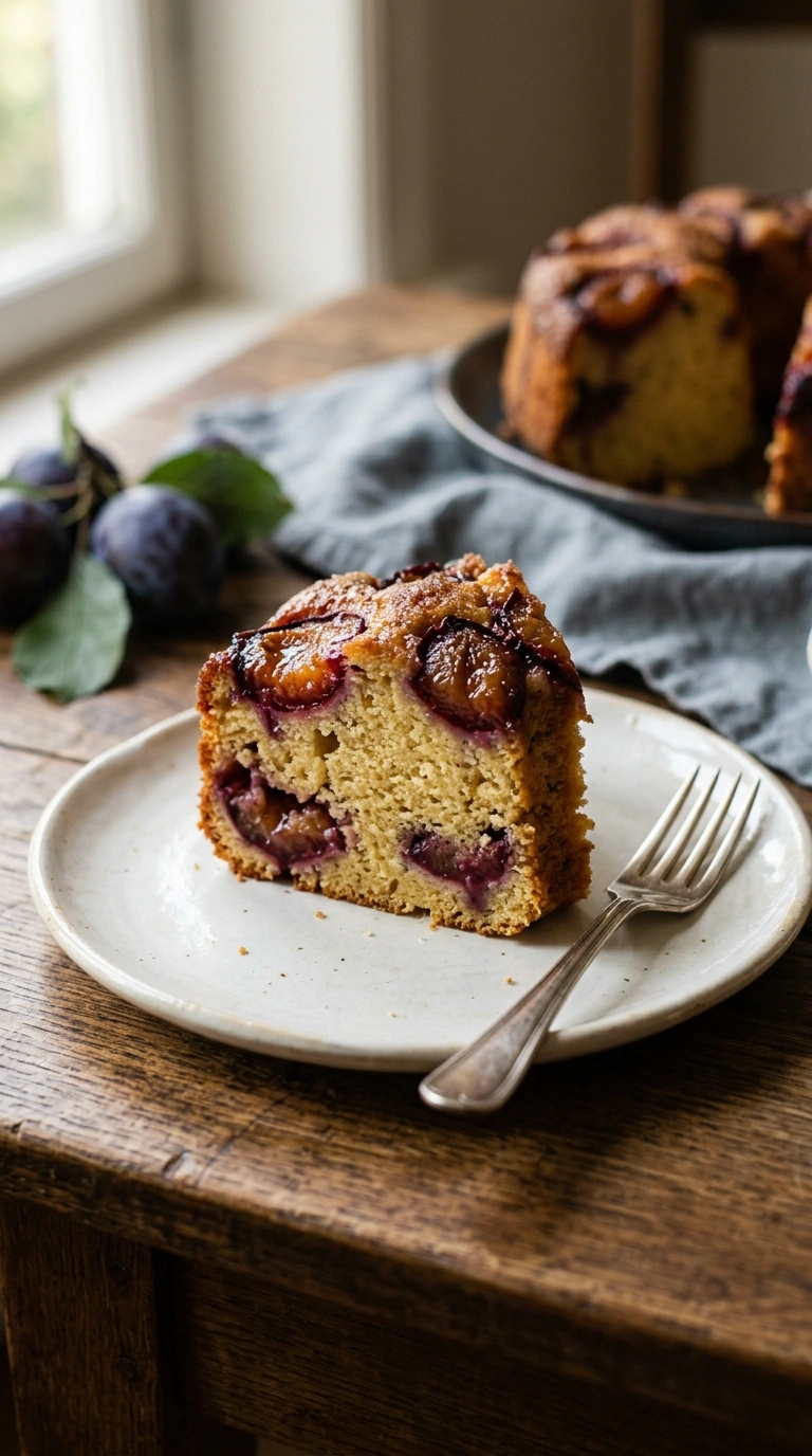 Angeschnittenes Stück Zwetschgenkuchen mit Rührteig zeigt saftige, feinporige Krume