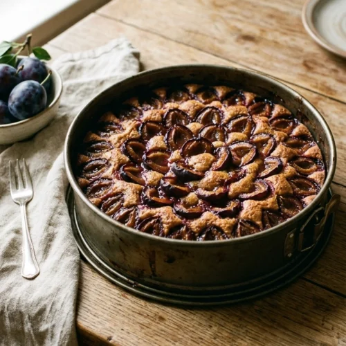 Zwetschgenkuchen mit Rührteig in einer Springform mit saftigem, goldbraunem Rand