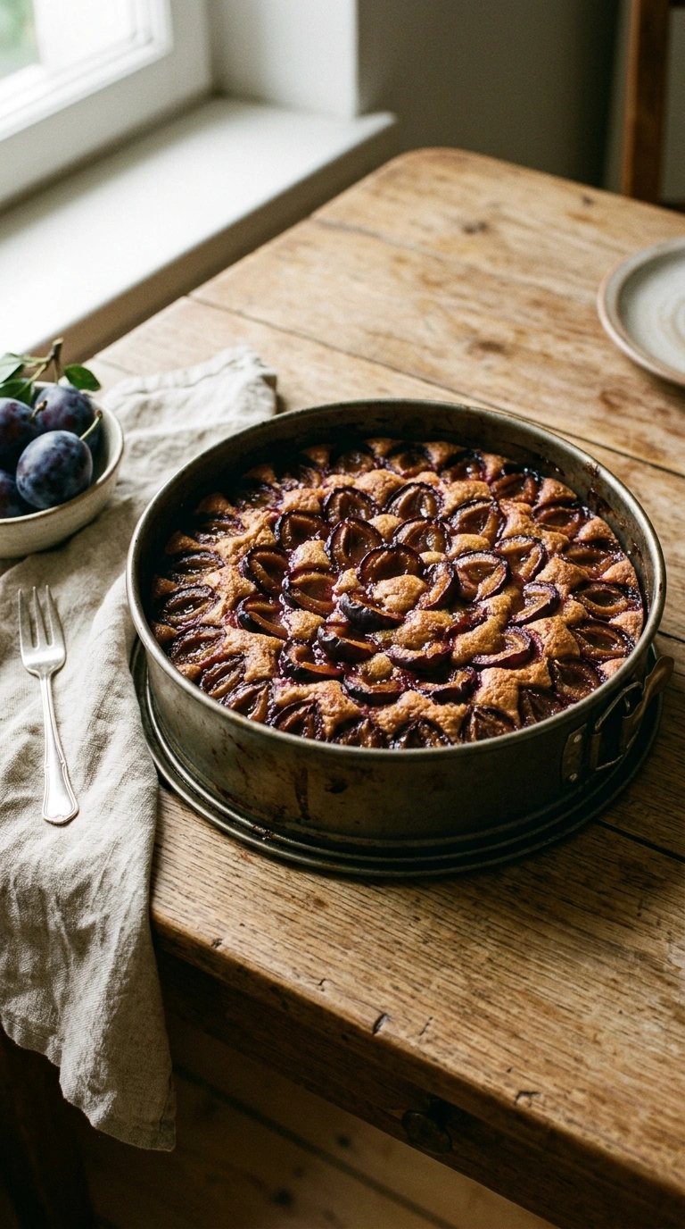 Zwetschgenkuchen mit Rührteig in einer Springform mit saftigem, goldbraunem Rand