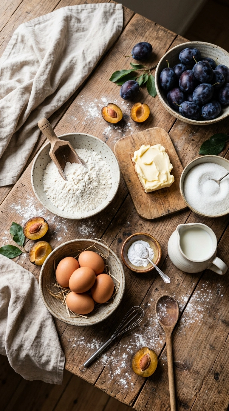 Zutaten für Zwetschgenkuchen mit Rührteig: Mehl, Butter, Zucker, Eier, Backpulver und frische Zwetschgen
