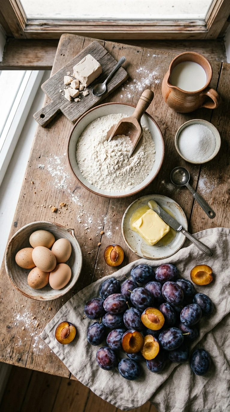 Zutaten für Zwetschgenkuchen vom Blech: Mehl, Hefe, Milch, Zucker, Butter, Eier und eine große Menge frischer Zwetschgen