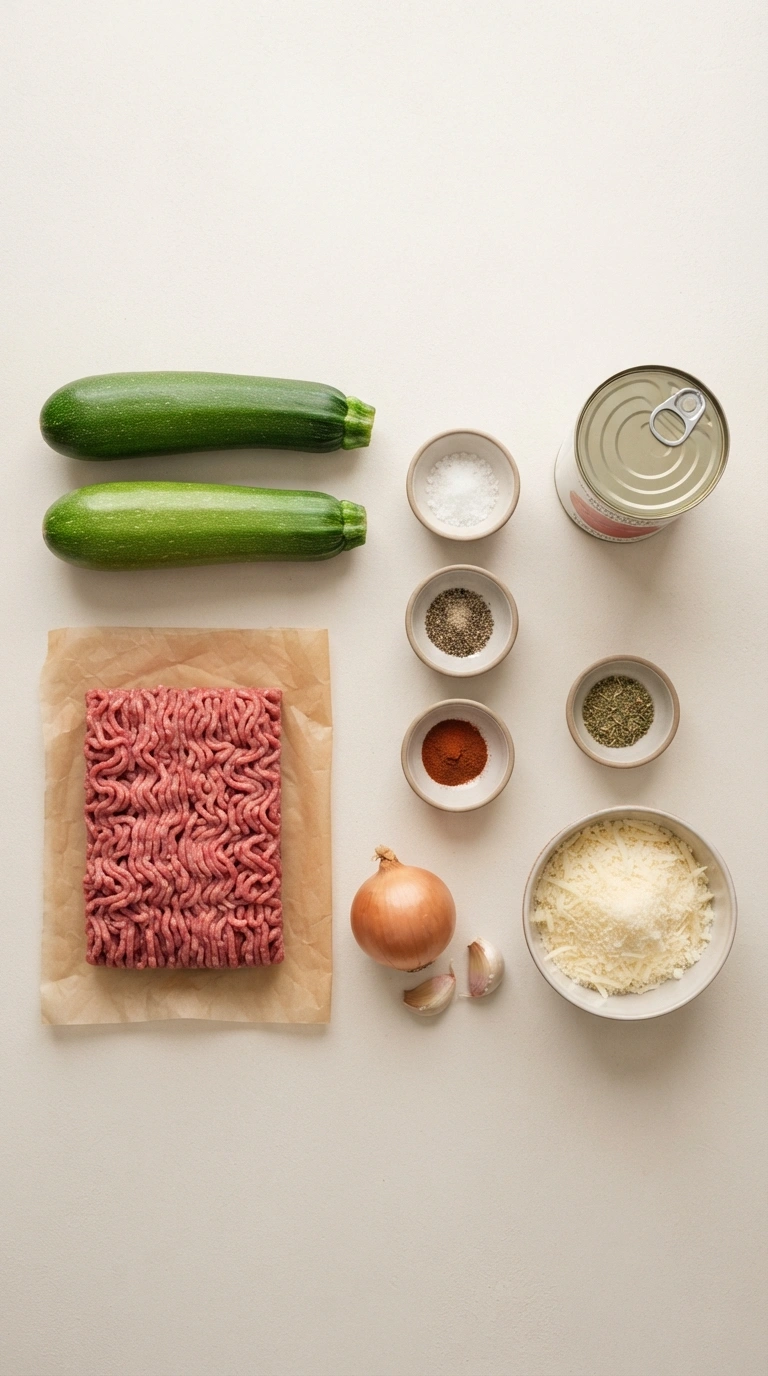 Alle Zutaten für Zucchini Hackfleisch Auflauf - frische Zucchini, Käse und weitere Zutaten im Überblick