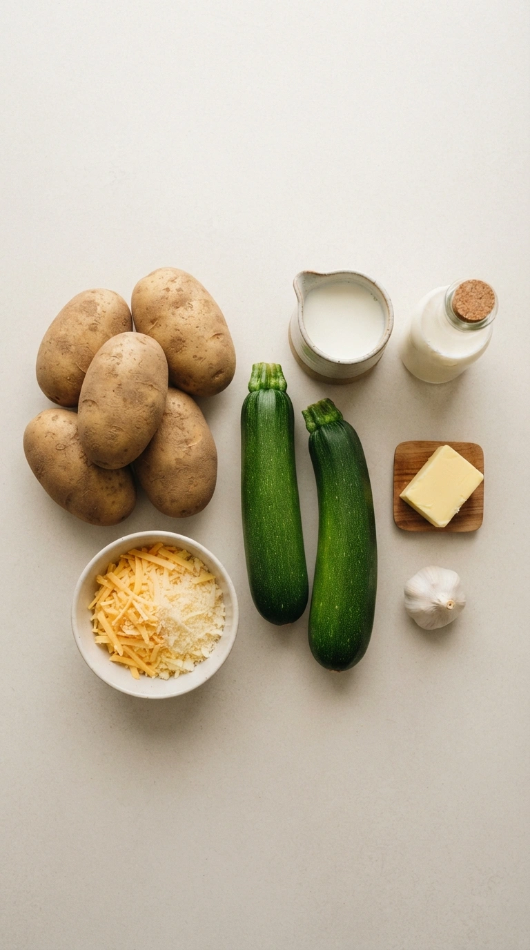 Alle Zutaten für Zucchini Kartoffel Gratin - frische Zucchini, Käse und weitere Zutaten im Überblick