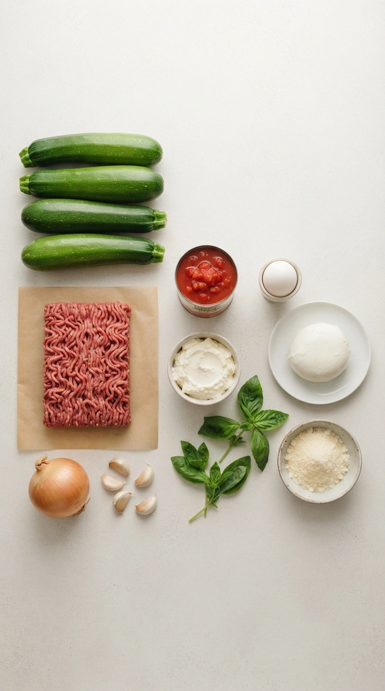 Alle Zutaten für Zucchini Lasagne Low Carb - frische Zucchini, Käse und weitere Zutaten im Überblick