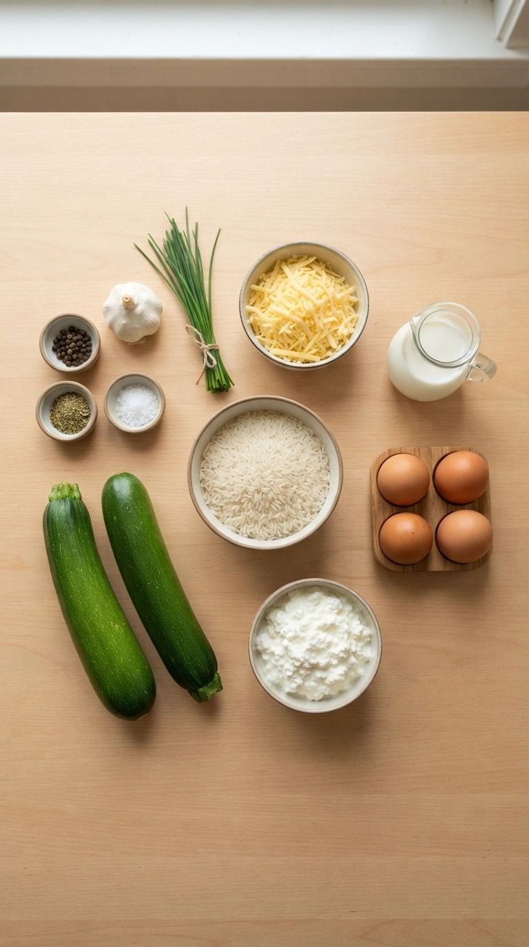 Alle Zutaten für Zucchini Reis Auflauf - frische Zucchini, Käse und weitere Zutaten im Überblick