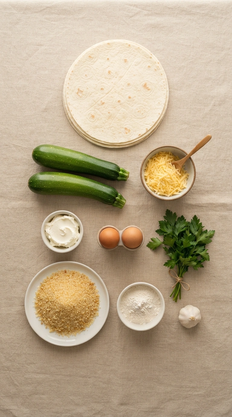 Alle Zutaten für Zucchini Taschen backofen - frische Zucchini, Käse und weitere Zutaten im Überblick