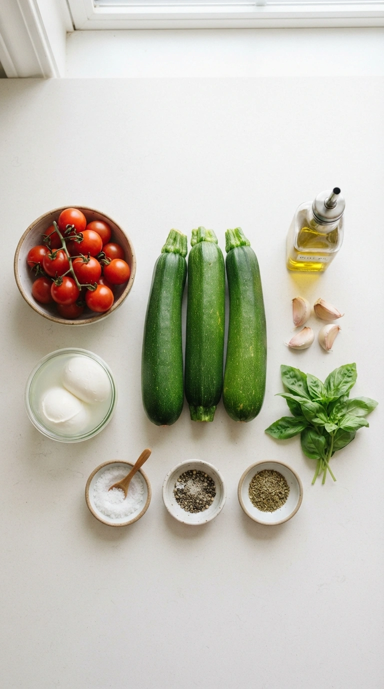 Alle Zutaten für Zucchini Tomaten Mozzarella Auflauf - frische Zucchini, Käse und weitere Zutaten im Überblick