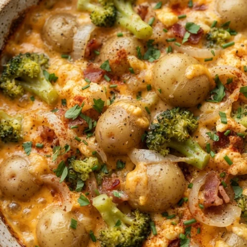 Brokkoli-Kartoffel-Auflauf mit goldener Cheddar-Kruste in einer tiefen Auflaufform, darunter Schichten von Kartoffeln und Brokkoli.