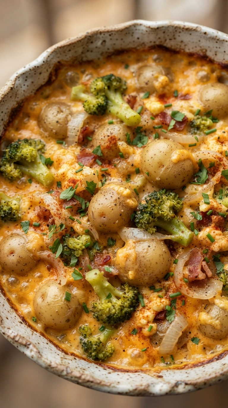 Brokkoli-Kartoffel-Auflauf mit goldener Cheddar-Kruste in einer tiefen Auflaufform, darunter Schichten von Kartoffeln und Brokkoli.