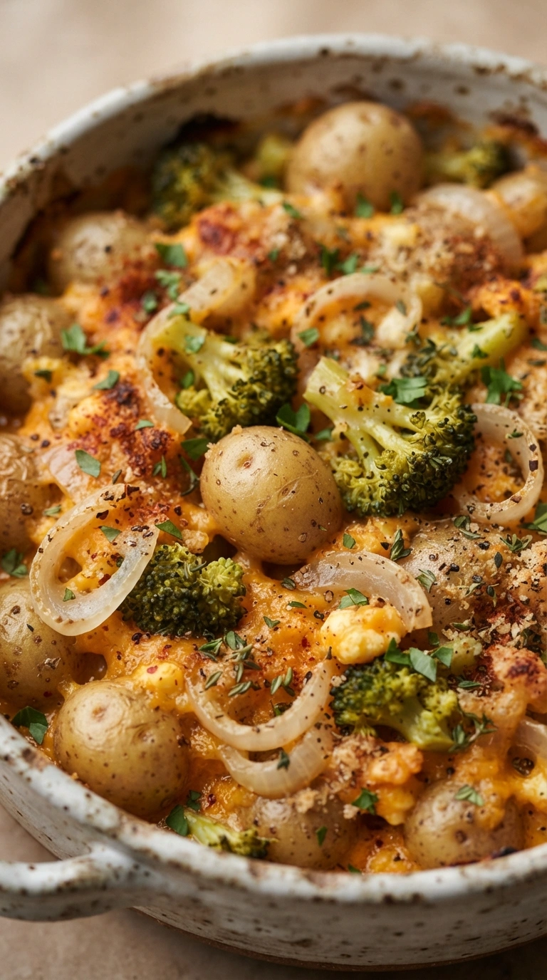 Teller mit Portion Brokkoli-Kartoffel-Auflauf mit Cheddar, Gabel schneidet durch die cremigen Kartoffel-Brokkoli-Schichten.