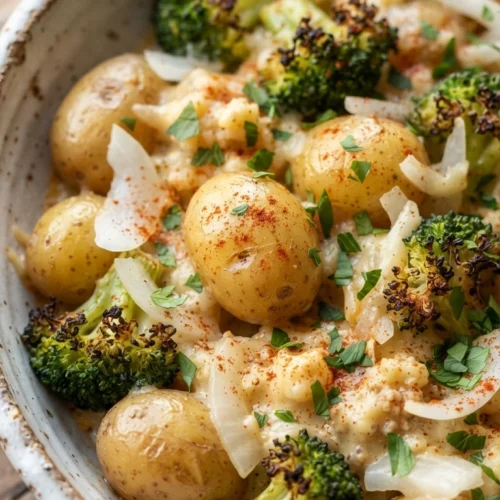 Cremige Kartoffel-Brokkoli-Pfanne in handgemachter Keramikschale mit goldbraunen Babykartoffeln, grünem Brokkoli und cremiger Käsesauce, bestreut mit Paprika und Petersilie.
