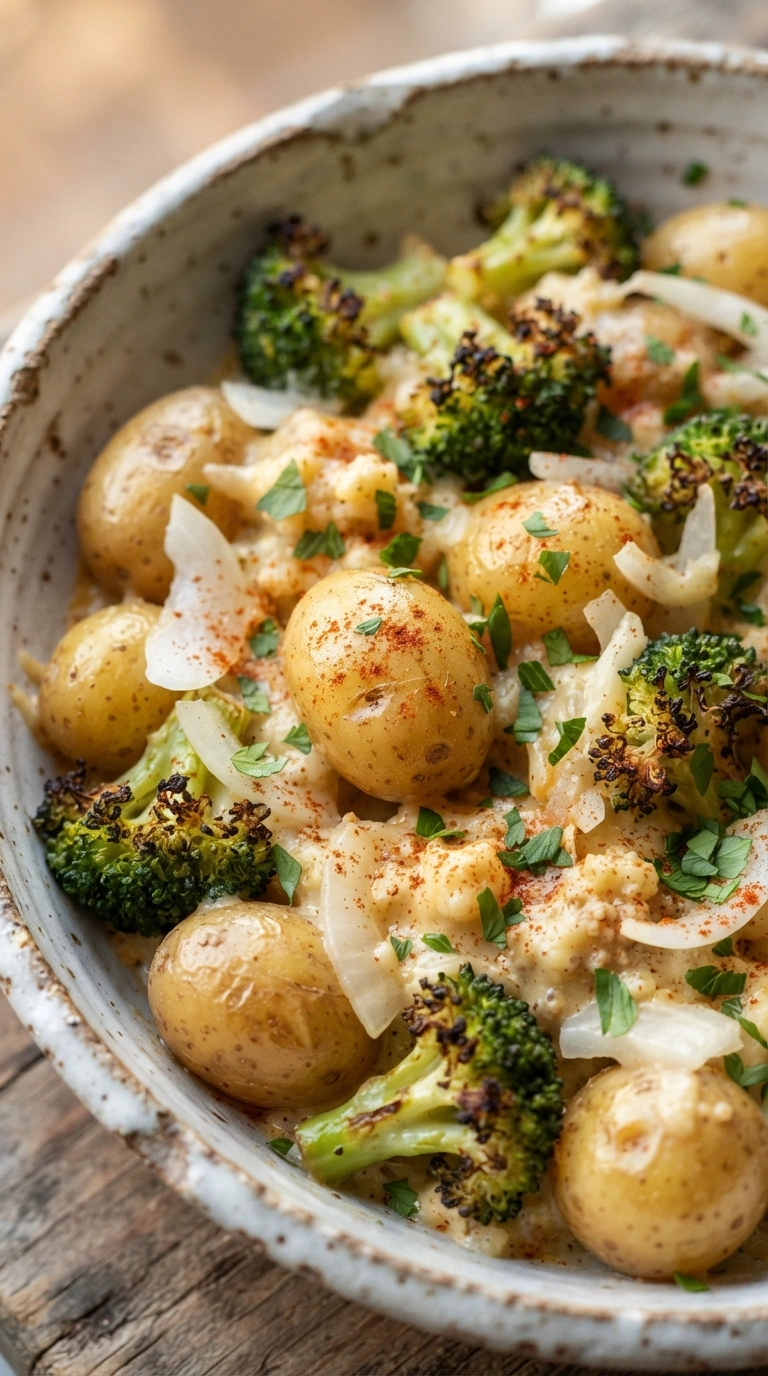 Cremige Kartoffel-Brokkoli-Pfanne in handgemachter Keramikschale mit goldbraunen Babykartoffeln, grünem Brokkoli und cremiger Käsesauce, bestreut mit Paprika und Petersilie.