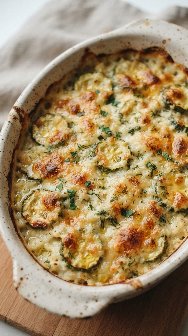 Fertiger Zucchini Reis Auflauf - Zucchini-Reis-Auflauf mit Hüttenkäse und goldbrauner Käsekruste, serviert und zum Verzehr bereit