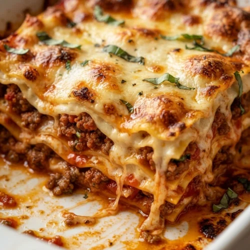 Angeschnittene klassische Lasagne mit sichtbaren Schichten und Käsekruste