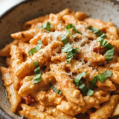 Eiweißreiche Pasta mit cremiger orange-roter Tomaten-Hüttenkäse-Sauce