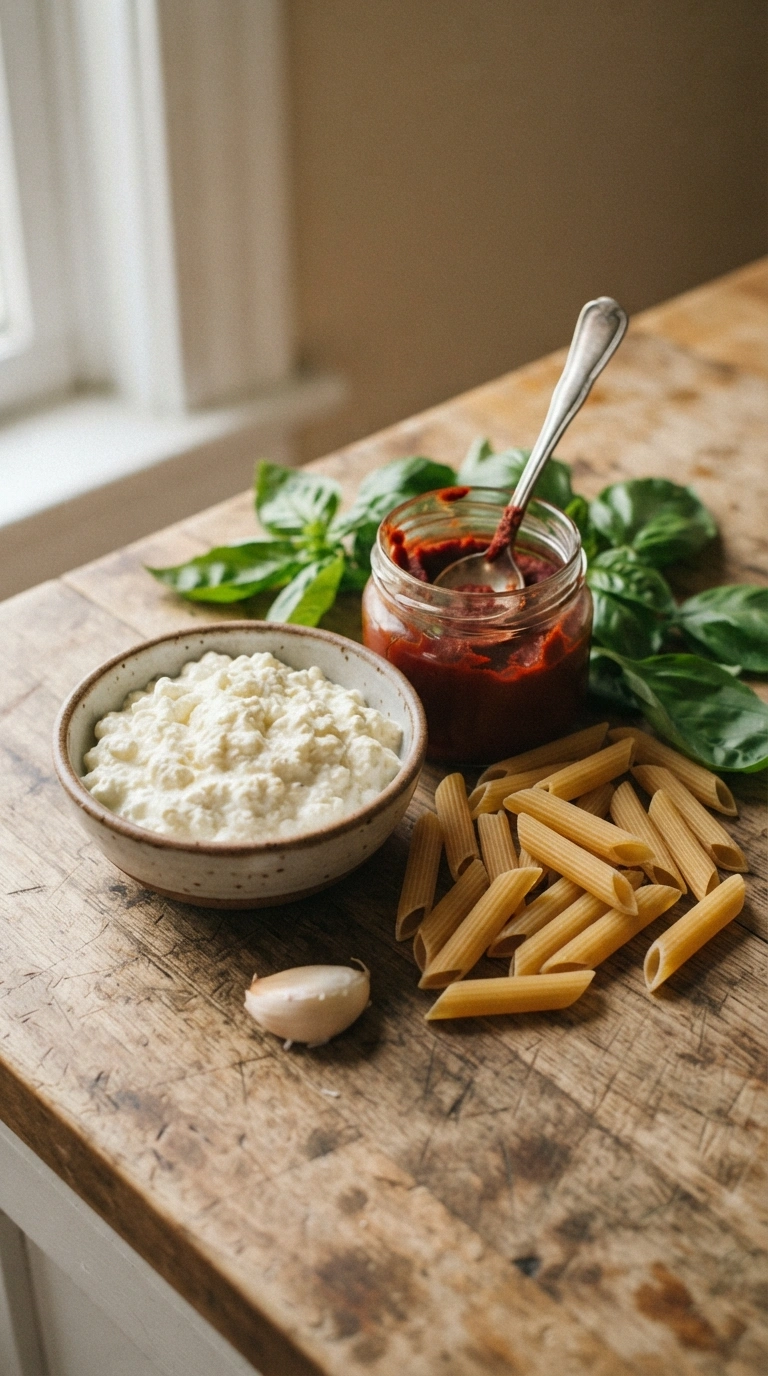 Zutaten für eiweißreiche Pasta mit Tomatensauce: Hüttenkäse, Tomatenmark und Penne