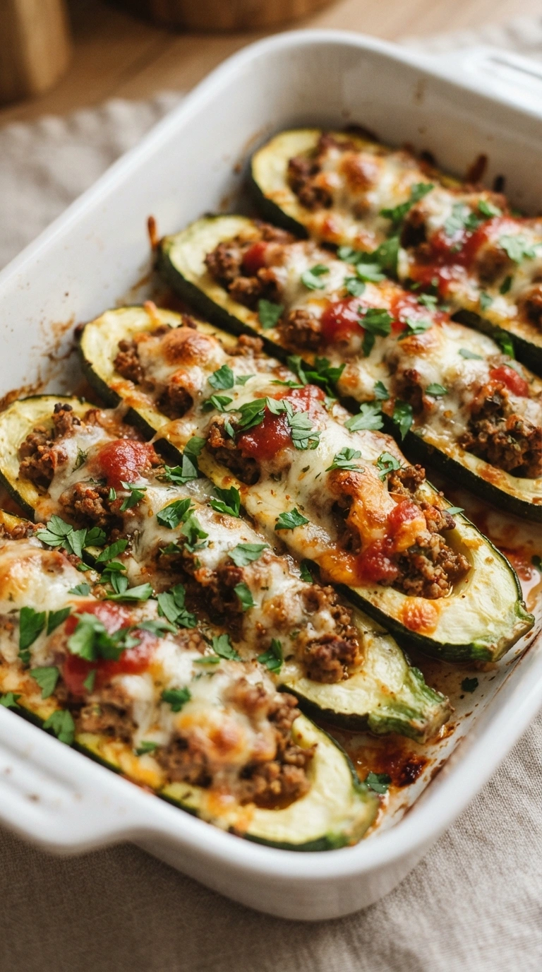 ertiger Gefüllte Zucchini Hackfleisch - Gefüllte Zucchini-Boats mit Hackfleisch und Käse überbacken, serviert und zum Verzehr bereit