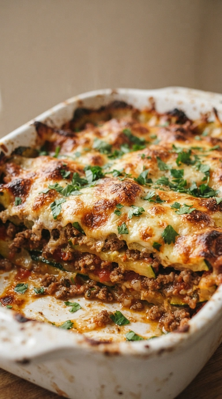 Fertiger Zucchini Hackfleisch Auflauf - Zucchini-Hackfleisch-Auflauf mit goldbraunem Käse überbacken, serviert und zum Verzehr bereit