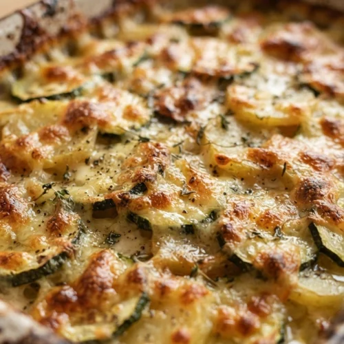 Zucchini Kartoffel Gratin - Zucchini-Kartoffel-Gratin frisch aus dem Ofen in der Auflaufform