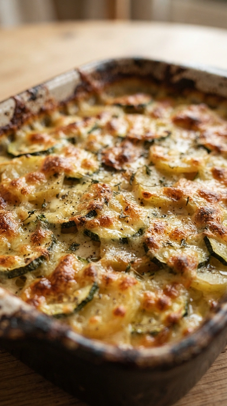 Zucchini Kartoffel Gratin - Zucchini-Kartoffel-Gratin frisch aus dem Ofen in der Auflaufform