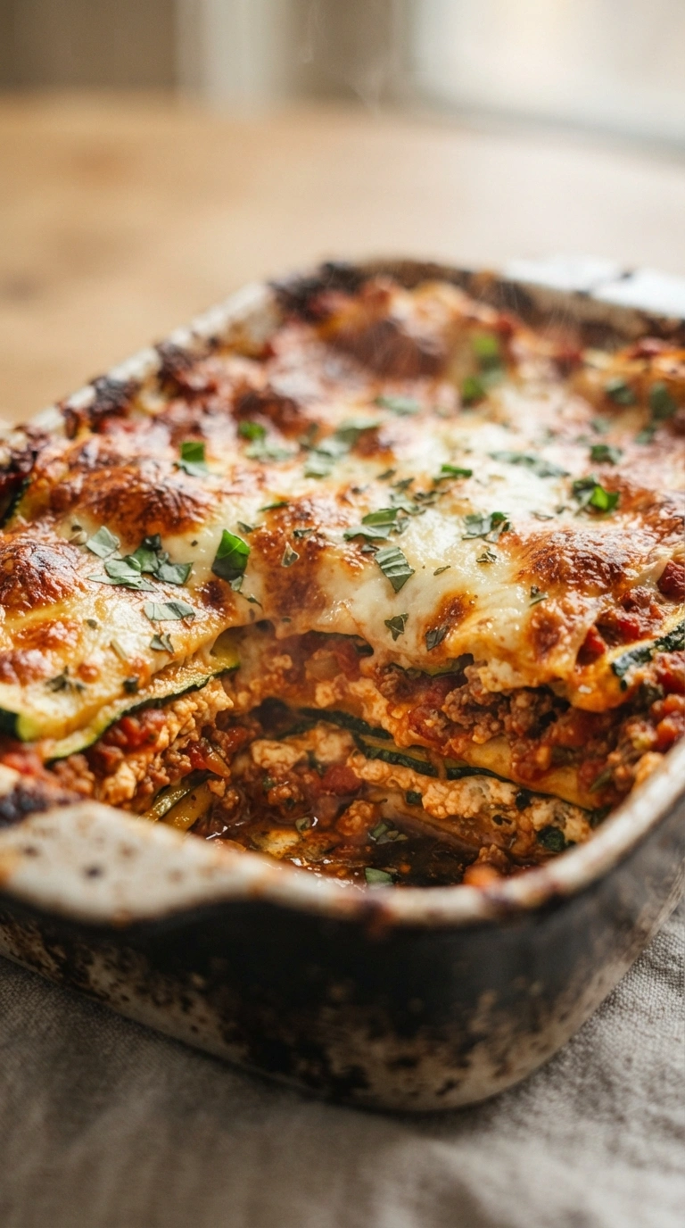 Fertiger Zucchini Lasagne Low Carb - Low Carb Zucchini-Lasagne mit Zucchinistreifen und goldbraunem Käse, serviert und zum Verzehr bereit