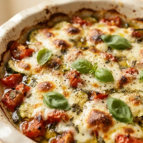 Zucchini Tomaten Mozzarella Auflauf - Tomaten-Zucchini-Mozzarella-Auflauf frisch aus dem Ofen in der Auflaufform