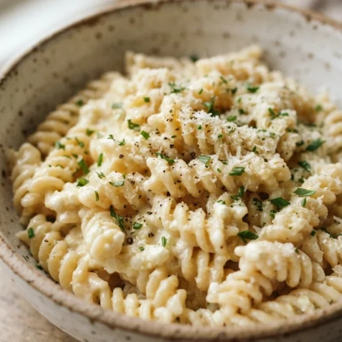 Fusilli mit cremiger Hüttenkäse-Sauce, bestreut mit Parmesan und frischen Kräutern