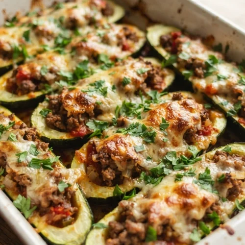 Gefüllte Zucchini Hackfleisch - Gefüllte Zucchini mit Hackfleisch frisch aus dem Ofen in der Auflaufform