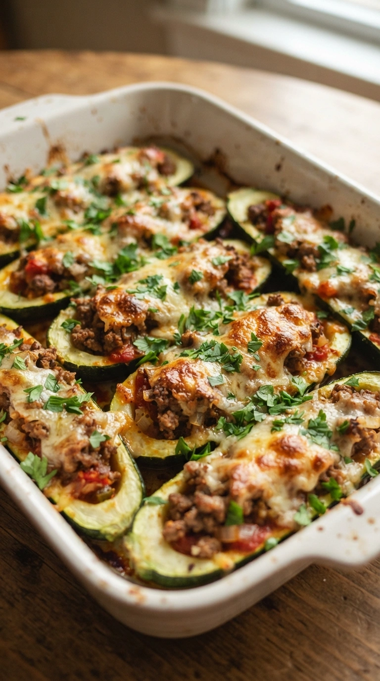 Gefüllte Zucchini Hackfleisch - Gefüllte Zucchini mit Hackfleisch frisch aus dem Ofen in der Auflaufform